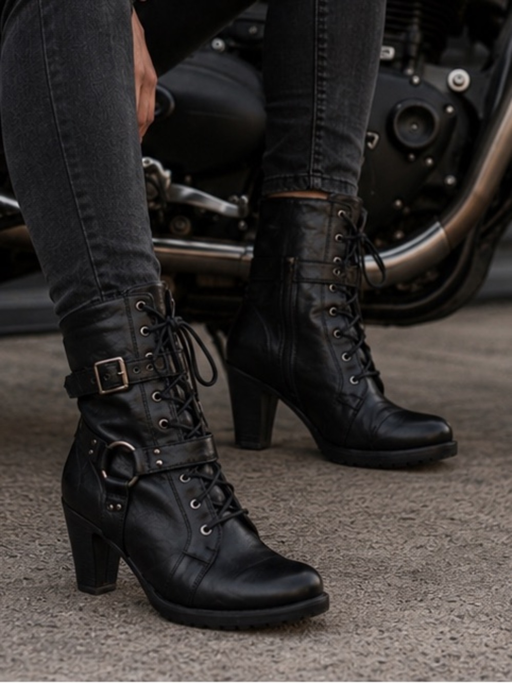 NWOT Xelement Black Leather High Heel Motorcycle Boots with Buckle Size 10